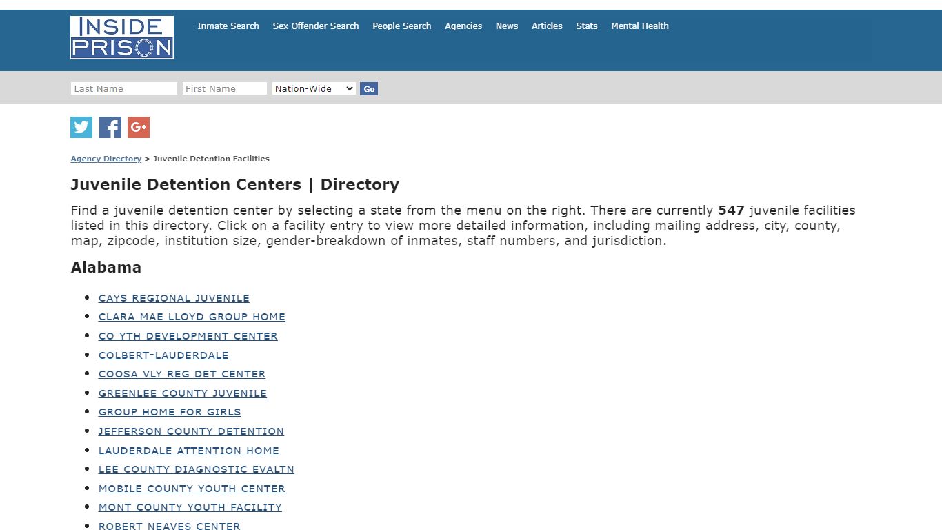 Juvenile Detention Facilities | Agency Listing - Inside Prison